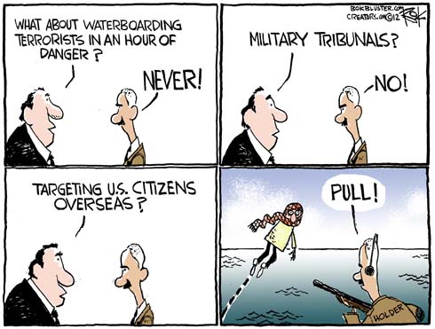 Political cartoon depicting civilian trials for foreign terrorists