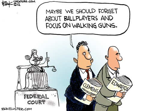 Editorial cartoon by Chip Bok says prosecutors should shift focus from roger clemens to gun walking