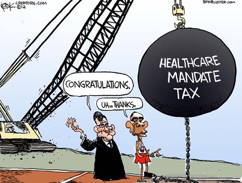 Obama political cartoon by Chip Bok features Chief Justice Roberts giving congratulations to President Barack Obama