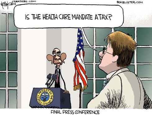 Political cartoon by Chip Bok shows Barack Obama taking questions on the Healthcare Mandate Tax