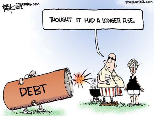 Funny Independence Day editorial cartoon by Chip Bok illustrates debt as a firecracker that is being blown off