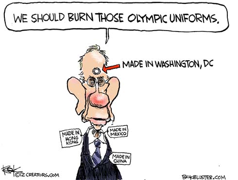 Editorial cartoon by Chip Bok illustrates Harry Reid saying we should burn those Olympic Uniforms