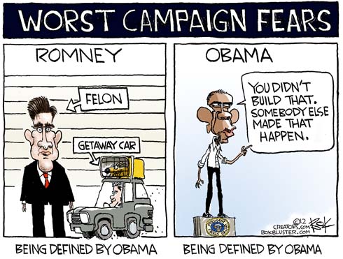 Funny campaign political cartoon by Chip Bok featuring Romney being defined by President Obama