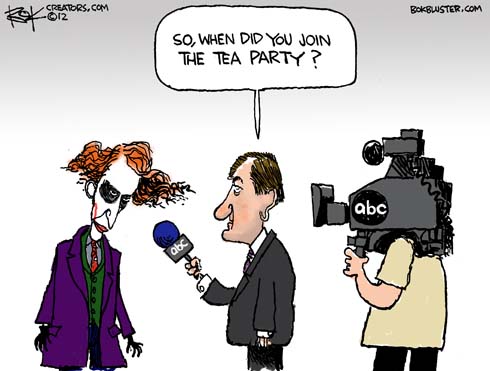 Funny editorial cartoon about Colorado theater shooting by Chip Bok shows ABC News reporter Brian Ross asking the Joker when he joined the Tea Party