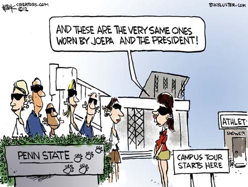 Jerry Sandusky cartoon by Chip Bok shows people wearing JoePa blinders during a Penn State campus tour