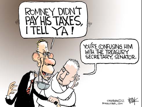 Funny political cartoon by Chip Bok. Harry Reid accuses Romney of not paying his taxes for ten years