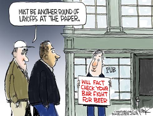 Editorial cartoon of man standing in front of pub holding sign viewed by passers by