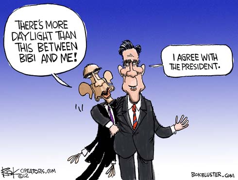 Cartoon depicts how Romney and Obama were often in agreement about foreign policy during the debate. Romney embraces Obama