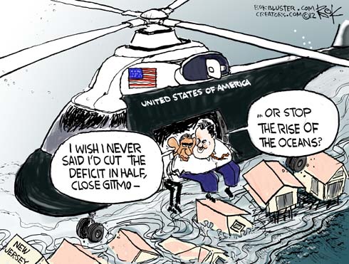 Political cartoon of Obama and Chris Christie flying over the hurricane sandy aftermath in a helicopter