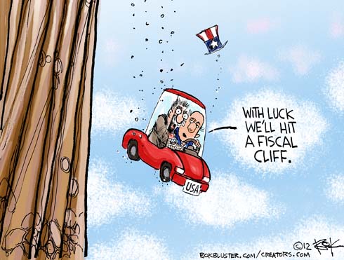 Funny political cartoon shows car falling and the driver hopes to hit the fiscal cliff