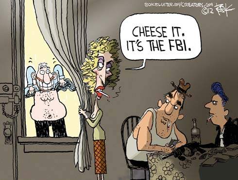 Funny editorial cartoon by Chip Bok shows shirtless FBI agent and woman saying cheese it it's the FBI