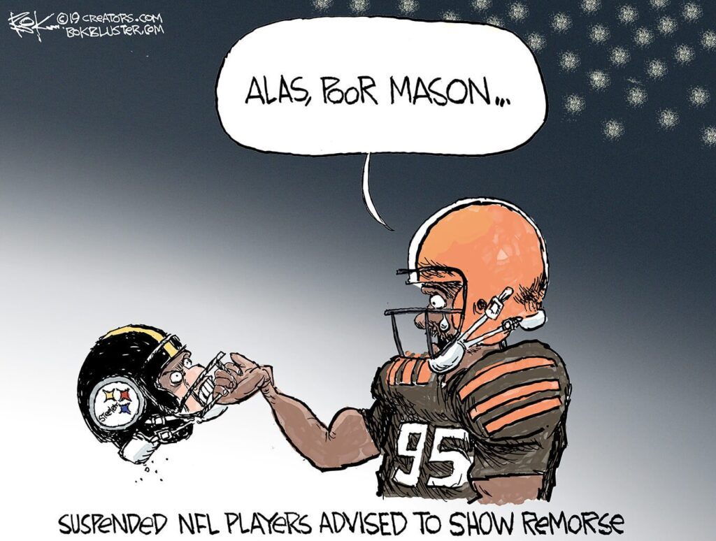 An editorial cartoon depicting a conversation between two american football players, with one suggesting that suspended nfl players should show remorse.