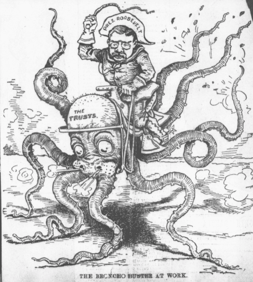 Black and white political cartoon depicting a man riding an octopus labeled "the trusts," with the man carrying a club marked "the big stick" and captioned "the trust buster at work.